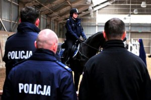 Szkolenie Zespołów Konnych Policji, policjantka na koniu, patrzą na nią trzej policjanci
