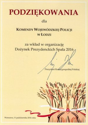 Podziękowania Prezydenta RP dla Komendy Wojewódzkiej Policji w Łodzi