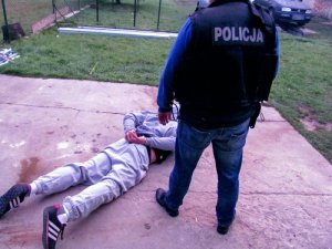 policjant i leżący w kajdankach podejrzany