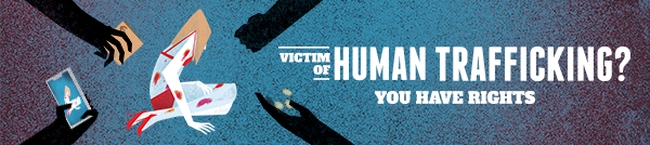 grafika przedstawiająca dłonie w kolorze czarnym wokół siedzącej kobiety oraz napis victim of human trafficking? you have rights