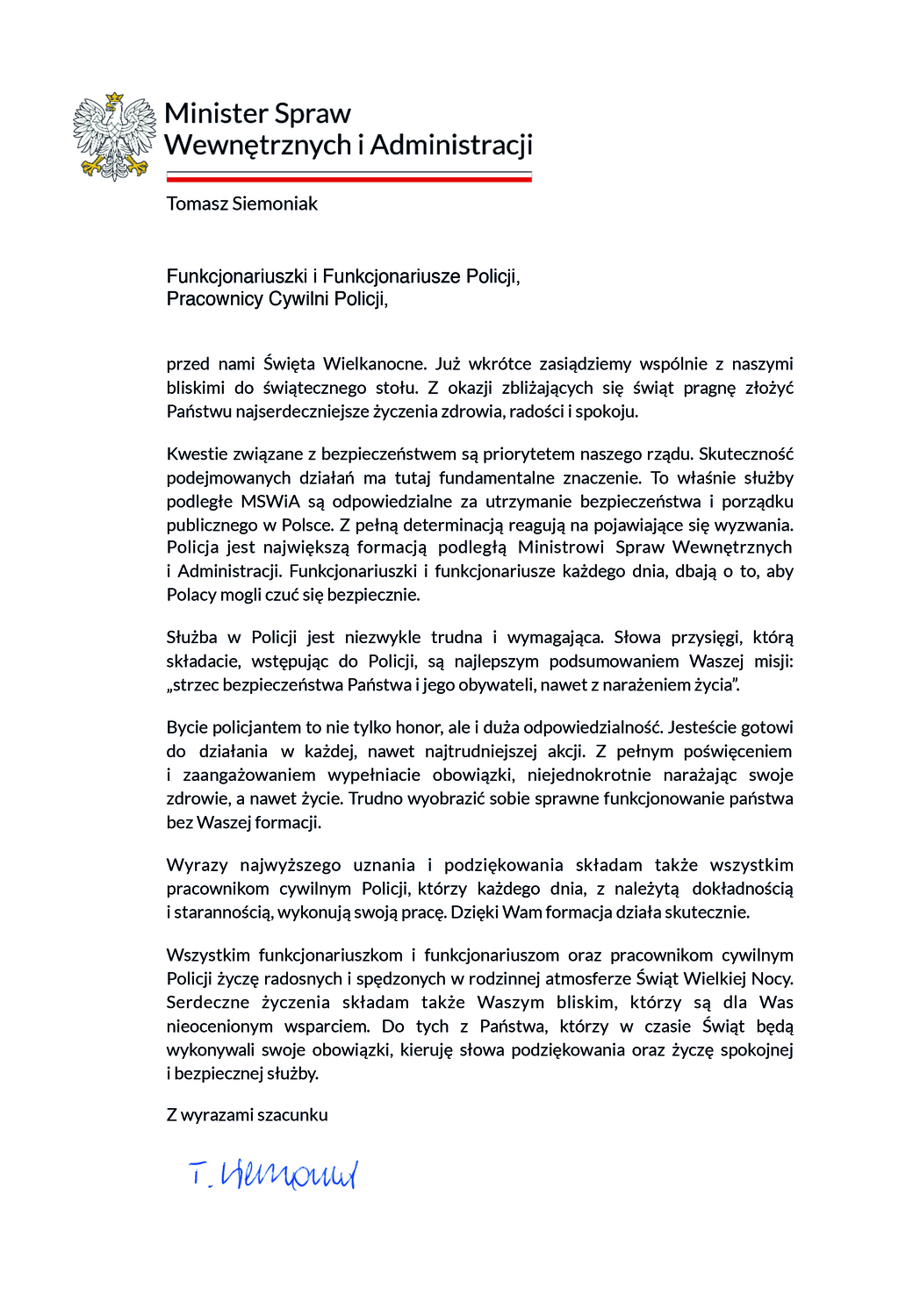 Życzenia ministra spraw wewnętrznych i administracji z okazji świąt wielkanocnych.