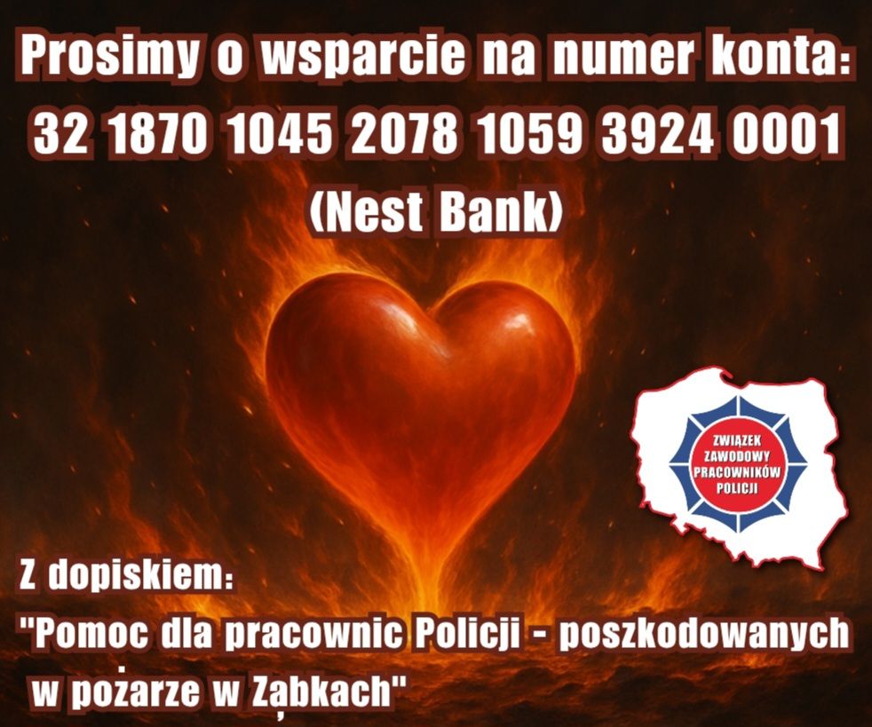 Plakat z prośbą o wsparcie poszkodowanych w pożarze. Treść z grafiki zawarta w tekście.
