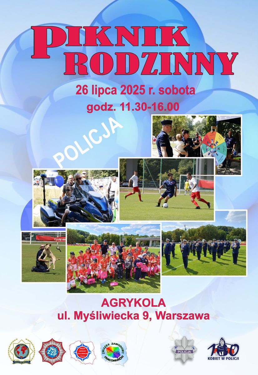 Plakat informacyjny dotyczący pikniku rodzinnego. Informacje z plakatu zawarte treści komunikatu.