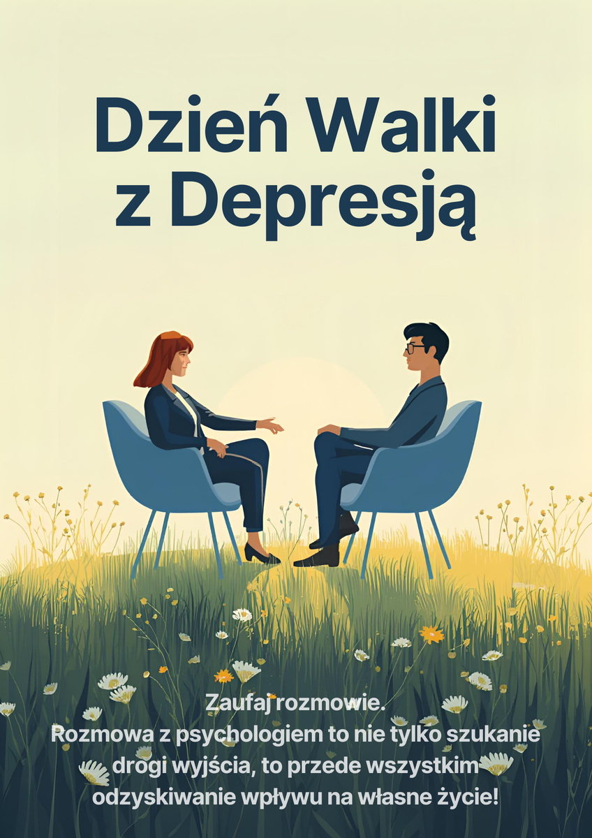 Plakat informujący o dniu walki z depresją. Mężczyzna i kobieta siedza naprzeciwko siebie w fotelach na łące.