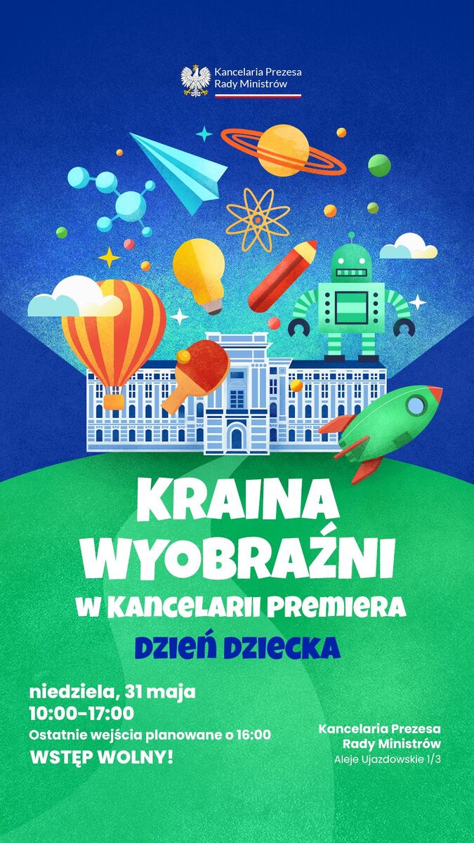 Plakat informacyjny dotyczący organizacji Dnia Dziecka w KPRM. Informacje z plakatu zawarte w treści komunikatu.