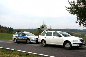 czeski policjant przy radiowozie obok stoi biały samochód zatrzymany do kontroli
