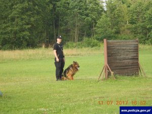 policjant z psem w trakcie zawodów