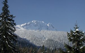widok na szczyt górski zimą