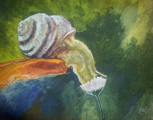 obraz - ślimak zagląda do kwiatka